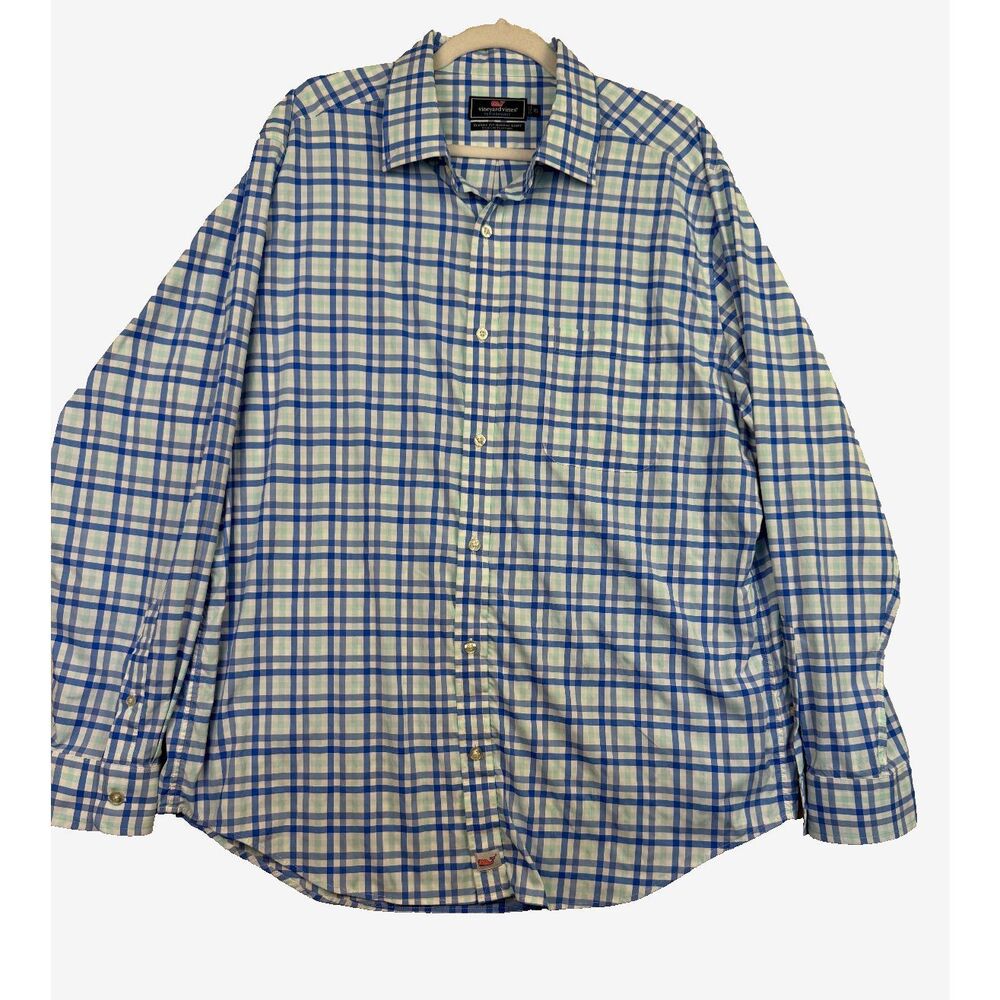 Vineyard Vines Murray Shirt Classic Fit Blue White Aqua Windowpane Plaid Size XL